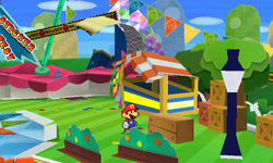 Mario near the crate containing a Coin in Decalburg of Paper Mario: Sticker Star.