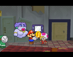 Mario getting Coins from Jolene after the match in the minor league in Glitz Pit of Paper Mario: The Thousand-Year Door.