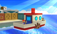 Mario on some boat in a harbor.