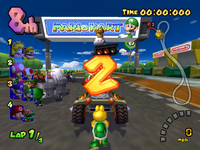 Lakitu as the referee and Toadsworth driving on the Parade Kart in the Award Ceremony.