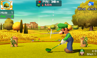 Luigi golfing in Gold Links in Mario Sports Superstars