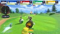 Bowser Jr., Luigi, Yoshi, and Toad playing Speed Golf in Mario Golf: Super Rush.