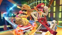 Wario (Cowboy) and Waluigi (Bus Driver) tricking in Mario Kart Tour
