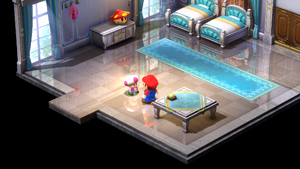 Bellhop giving Mario a beverage as part of the room service in Marrymore of Super Mario RPG.