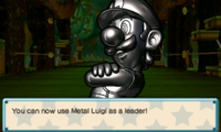 Screenshot of Metal Luigi's recruitment screen, from Puzzle & Dragons: Super Mario Bros. Edition.