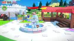 Mario standing near a Coin in Toad Town of The Origami King.