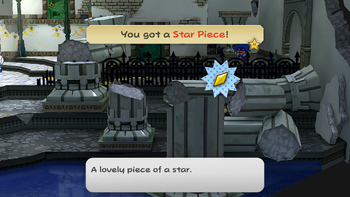 Mario getting the Star Piece in the south area of the center room at level 1 of Rogueport Underground in the remake of the Paper Mario: The Thousand-Year Door for the Nintendo Switch.