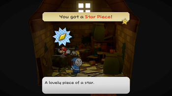 Mario getting a Star Piece inside the house in the back alley in Rogueport, in the remake of the Paper Mario: The Thousand-Year Door for the Nintendo Switch.