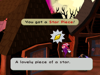 Mario getting the Star Piece behind the leftmost house in Twilight Town in Paper Mario: The Thousand-Year Door.