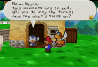 Fice T. talking to Mario and Parakarry in Toad Town's Forever Forest entrance