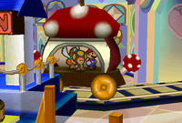 Mario, Parakarry and the train conductor taking the Toy Train, which becomes a real-sized train, in the Shy Guy's Toy Box