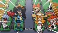 Dr. Crygor, Mike, Red, Ashley, Lulu, Orbulon, Mona, and Penny in a tour bus in the Remix 1 cutscene of WarioWare: Move It!