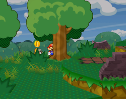 Mario getting a Coin from a tree in the eastern part of Petal Meadows of Paper Mario: The Thousand-Year Door.