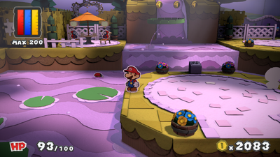 Mario in front of the unrevealed stairs in Plum Park of Paper Mario: Color Splash.