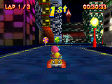 Dixie Kong racing in Star City in Diddy Kong Racing DS