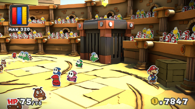 Mario near a crate containing Big Hammer Battle Card in The Golden Coliseum of Paper Mario: Color Splash.
