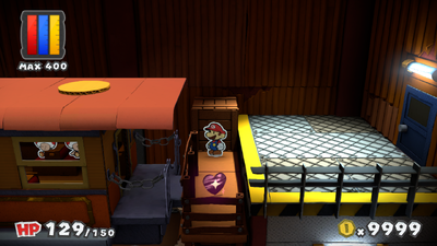 Mario near a Heart in Toad Trainworks of Paper Mario: Color Splash.