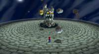 Mario fighting Bouldergeist on the Bouldergeist Planet.