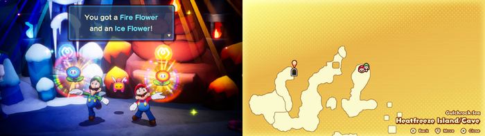 Mario and Luigi getting the Fire Flower and the Ice Flower from the island's guardians on Heatfreeze Island of Mario & Luigi: Brothership.