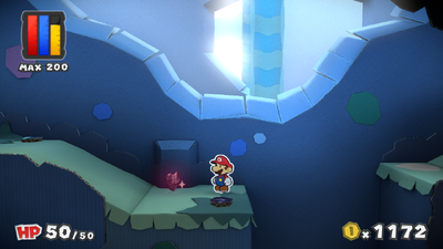 Mario near a Heart in Indigo Underground of Paper Mario: Color Splash.