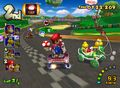 Prototype screenshot of Mario and Koopa Troopa driving down the merged section