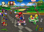 Prototype screenshot of Mario and Koopa driving down the merged section