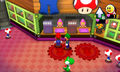 Screenshot of Mario and Luigi in a store, with a Yoshi nearby.