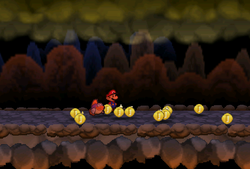 Mario finding 10 Coins after jumping over second firebar in Mt. Lavalava of Paper Mario.