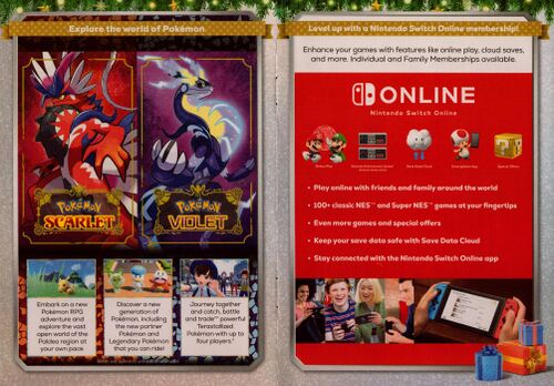 Spread of the ninth and tenth pages in the Nintendo Holiday Activity & Gift Guide
