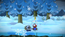 Mario getting a Coin from a bush in Path to Fahr Outpost of Paper Mario: The Thousand-Year Door for Nintendo Switch.