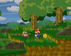 Mario getting a Coin from a bush in the eastern part of Petal Meadows of Paper Mario: The Thousand-Year Door.