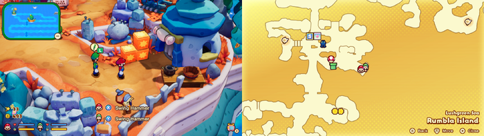 Mario and Luigi near wooden crates containing a Five Coin on Rumbla Island of Mario & Luigi: Brothership.