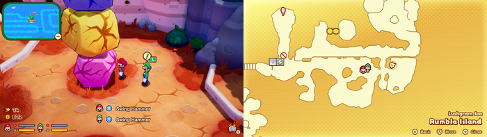 Mario and Luigi near a stack of breakable rocks with a present on top which contains a Mushroom on Rumbla Island of Mario & Luigi: Brothership.