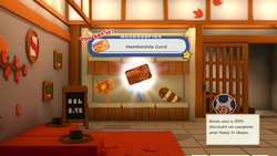 Mario being given the Membership Card by the item shop shopkeeper in Shogun Studios of The Origami King.