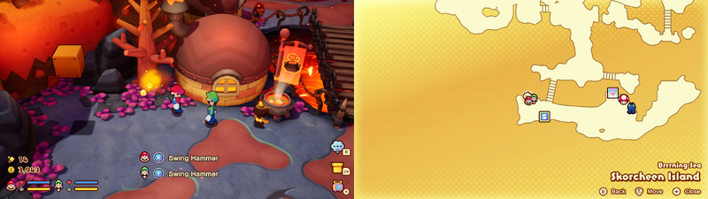 Mario and Luigi near a Sprite Bulb Nest on Skorcheen Island of Mario & Luigi: Brothership.