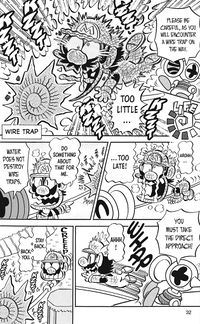 Mario has some difficulty with a Wire Trap from the English Super Mario-kun compilation, Super Mario Manga Mania.