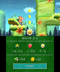 Smiley Flower 1: On the upper part of the first portion of the level, to the right. Orange Yoshi can jump into the first gap near the spawning location of the first Gusty, where a hidden Winged Cloud generates a Spring Ball that can help bounce the Yoshi up. Orange Yoshi then needs to navigate to the right and follow a downward trail of coins.