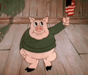 A pig dancing while holding the American Flag