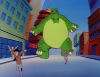 Madzilla rampaging in a city scene in The Adventures of Super Mario Bros. 3 episode "Dadzilla"