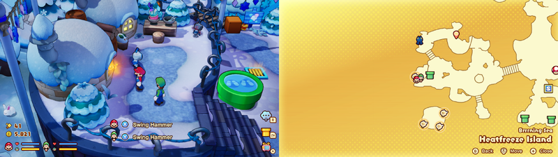 Mario and Luigi near a Sprite Bulb Nest on Heatfreeze Island of Mario & Luigi: Brothership.