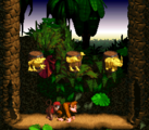 Stop the Barrel! After exiting or passing the first Bonus Level's exit, the Kongs reach a treetops with the letter G. A small bump in the ground is directly below, and its left wall can break open from either Rambi or a barrel. In the Bonus Level, the Kongs must stop each of the three barrels to depict the same animal token. If done correctly, the Kongs are rewarded with that animal token. If the Kongs stop a barrel when a different one is shown, they lose.