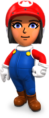 Mario Kart Tour artwork of a Mii wearing the Mario Mii Racing Suit