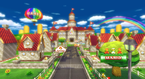 Mario Kart Wii: An overview of Mario Circuit, seeing the castle surrounded by houses as residence