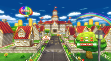Mario Kart Wii: An overview of Mario Circuit, seeing the castle surrounded by houses as residence