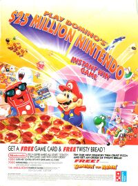 Various Super Mario World characters in a Nintendo Power advertisement for a Domino's Pizza giveaway.