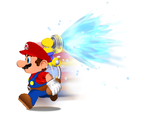 Artwork of Mario using F.L.U.D.D.'s Turbo Nozzle in Super Mario Sunshine