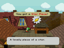 Mario getting the Star Piece behind the chimney of Bobbery's house in east Rogueport in Paper Mario: The Thousand-Year Door.