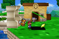 Mario finding a Star Piece  under a hidden panel in front of Fice T.'s guarding room in Paper Mario