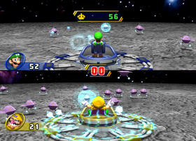 Wario getting zapped in Saucer Swarm in Mario Party 8