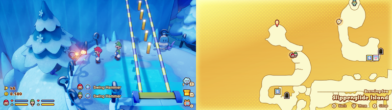 Mario and Luigi near a Sprite Bulb Nest on Slippenglide Island of Mario & Luigi: Brothership.
